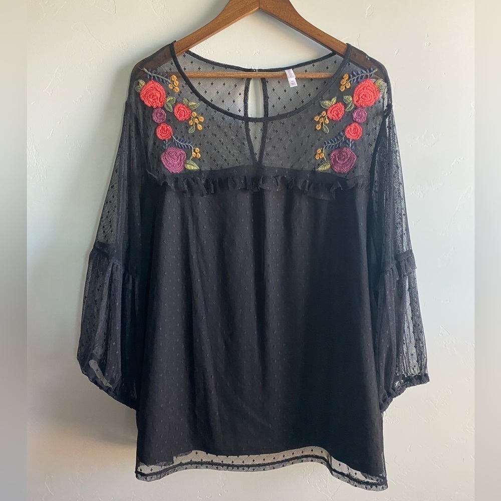 Xhileration - Floral Embroidery Sheer Blouse